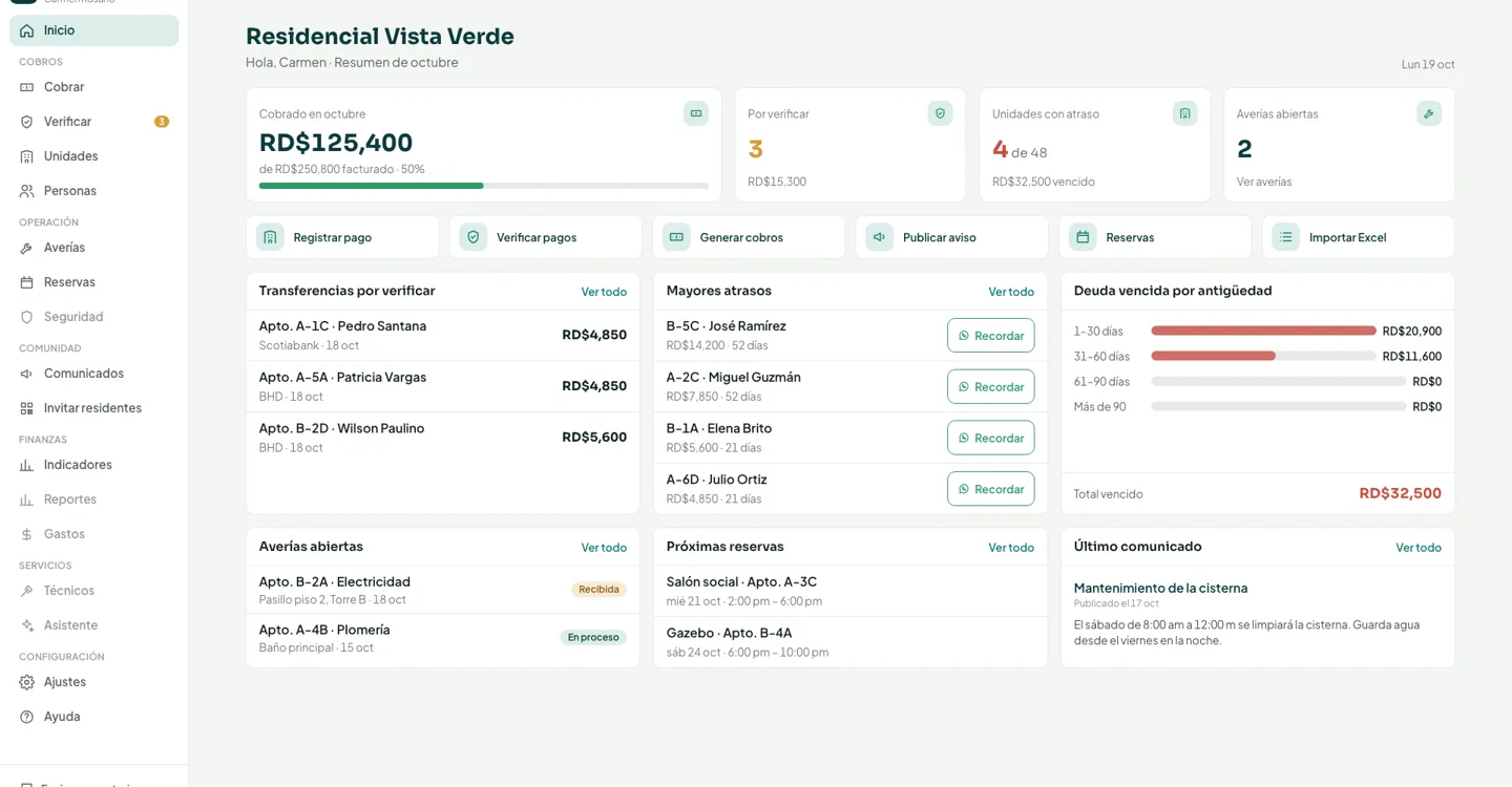 Panel de la administración en SILO con lo cobrado del mes, transferencias por verificar, atrasos y reservas