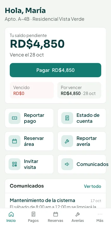 Inicio del residente en el celular con su saldo y el botón para pagar